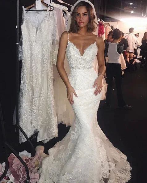 Backless Wedding Dress Lace Mermaid Beautiful Spaghetti-Straps Bride Dress by misshow.com