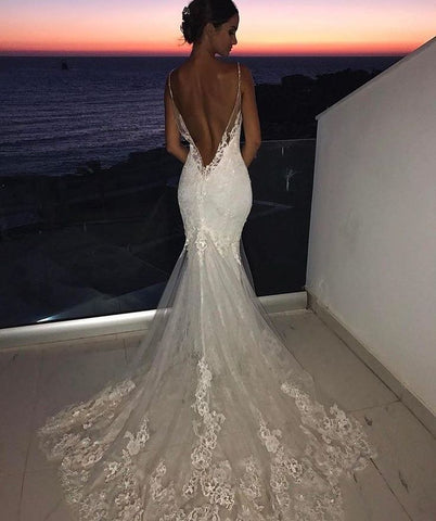 Rückenfreies Brautkleid Spitze Meerjungfrau Wunderschönes Spaghettiträger Brautkleid