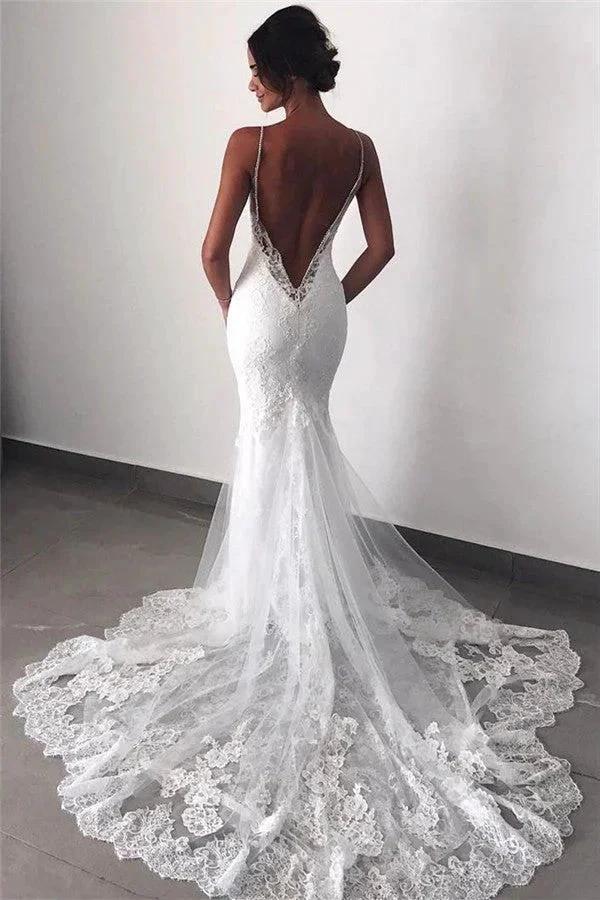 Backless Wedding Dress Lace Mermaid Beautiful Spaghetti-Straps Bride Dress by misshow.com