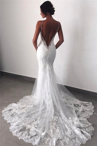 Rückenfreies Brautkleid Spitze Meerjungfrau Wunderschönes Spaghettiträger Brautkleid