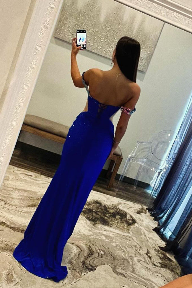Royal Blue Off the Shoulder Beaded Long Prom Dresses with Appliques Main Image