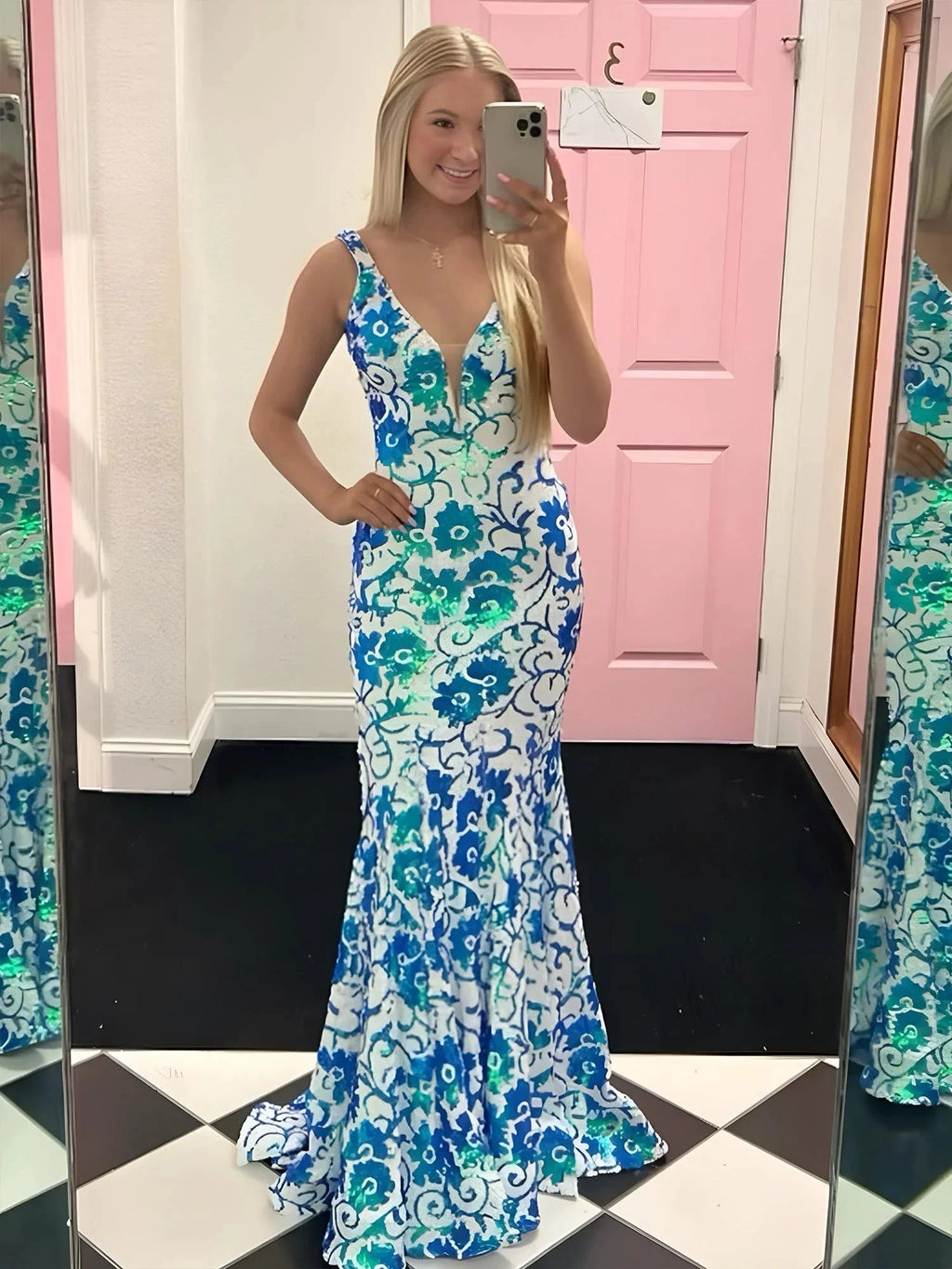 Bailey | Pink V Neck Sequin Lace Mermaid Prom Dress by KissProm