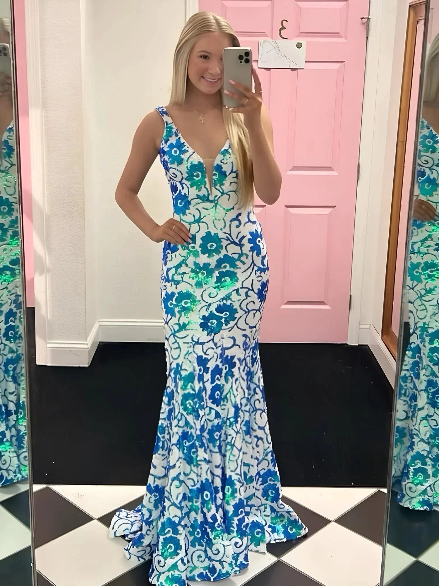 Bailey | Pink V Neck Sequin Lace Mermaid Prom Dress by KissProm