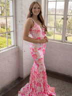 Bailey | Pink V Neck Sequin Lace Mermaid Prom Dress by KissProm