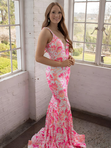 Bailey | Rosa Meerjungfrau-Ballkleid mit V-Ausschnitt und Paillettenspitze