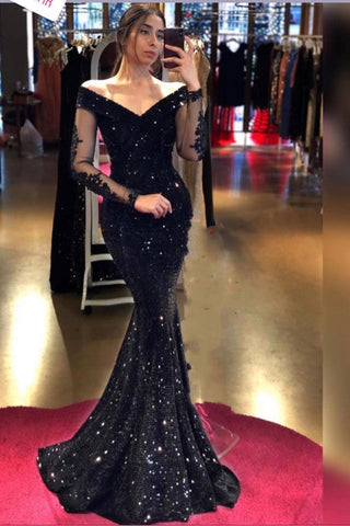 Schwarzes langes Meerjungfrau-Ballkleid mit schulterfreien Pailletten und Ärmeln