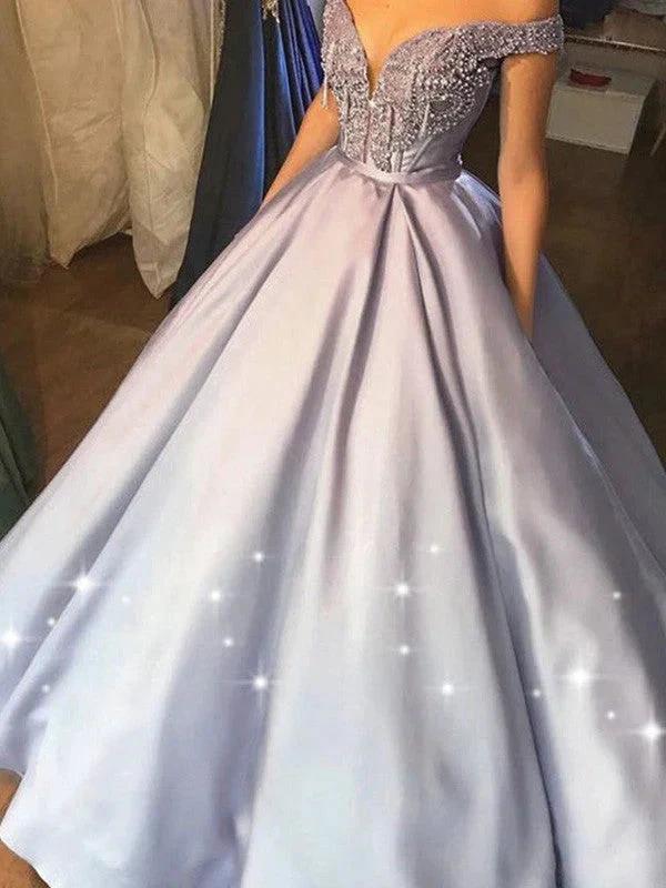 Ball Gown Beading Satin Off-the-Shoulder Sleeveless Floor-Length Prom Dresses by misshow.com