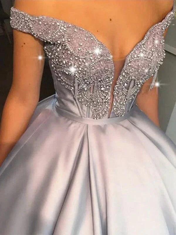 Ball Gown Beading Satin Off-the-Shoulder Sleeveless Floor-Length Prom Dresses by misshow.com
