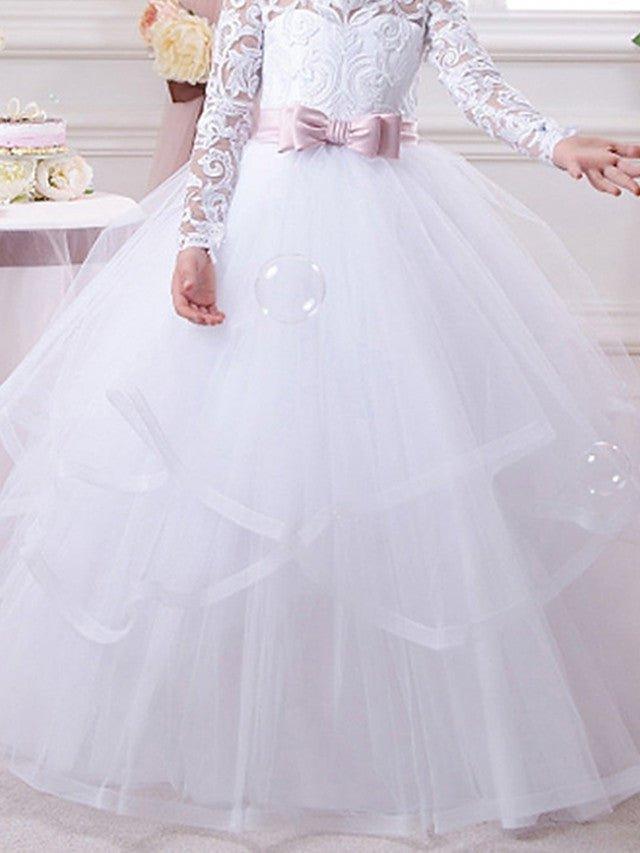 Ball Gown Cotton Long Sleeve Lace Tulle First Communion Flower Girl Dresses - photo 3