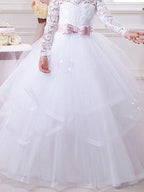Ball Gown Cotton Long Sleeve Lace Tulle First Communion Flower Girl Dresses - photo 3