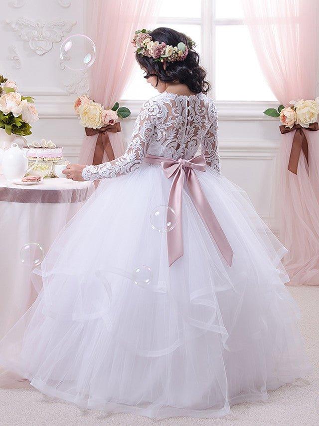 Ball Gown Cotton Long Sleeve Lace Tulle First Communion Flower Girl Dresses - photo 2