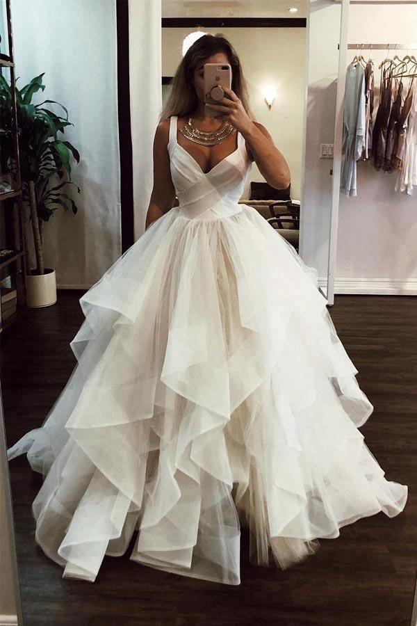 Ball Gown Elegant Floor Length Cascading Ruffles Tulle Wedding Dress WD346 by pgmdress