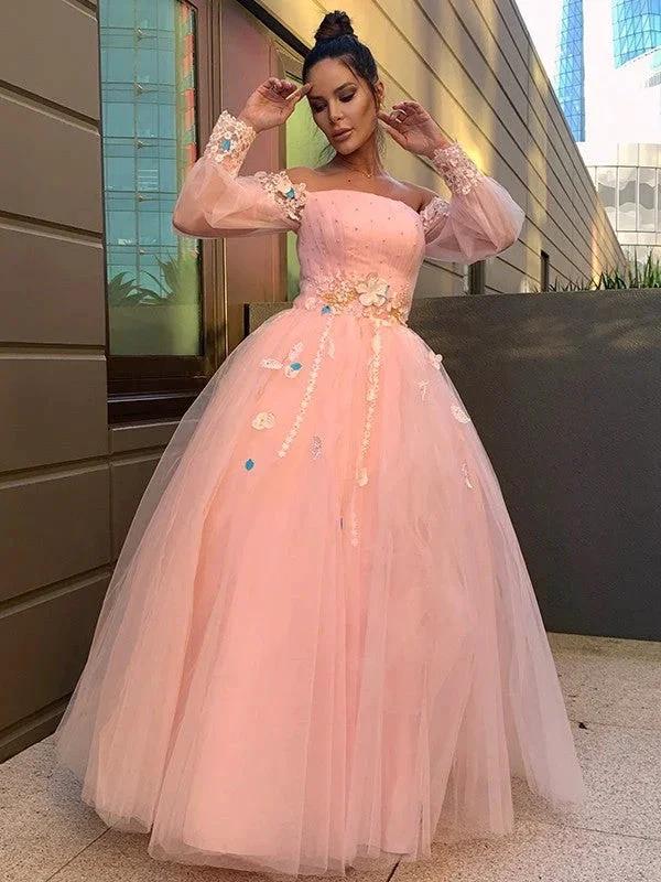 Ball Gown Hand-Made Flower Tulle Long Sleeves Off-the-Shoulder Floor-Length Prom Dresses by misshow.com