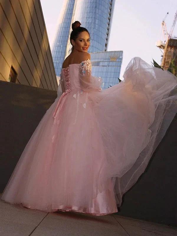 Ball Gown Hand-Made Flower Tulle Long Sleeves Off-the-Shoulder Floor-Length Prom Dresses by misshow.com
