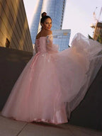 Ball Gown Hand-Made Flower Tulle Long Sleeves Off-the-Shoulder Floor-Length Prom Dresses by misshow.com