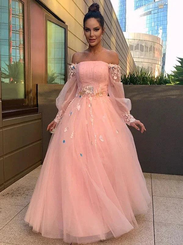 Ball Gown Hand-Made Flower Tulle Long Sleeves Off-the-Shoulder Floor-Length Prom Dresses by misshow.com