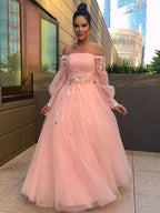 Ball Gown Hand-Made Flower Tulle Long Sleeves Off-the-Shoulder Floor-Length Prom Dresses by misshow.com