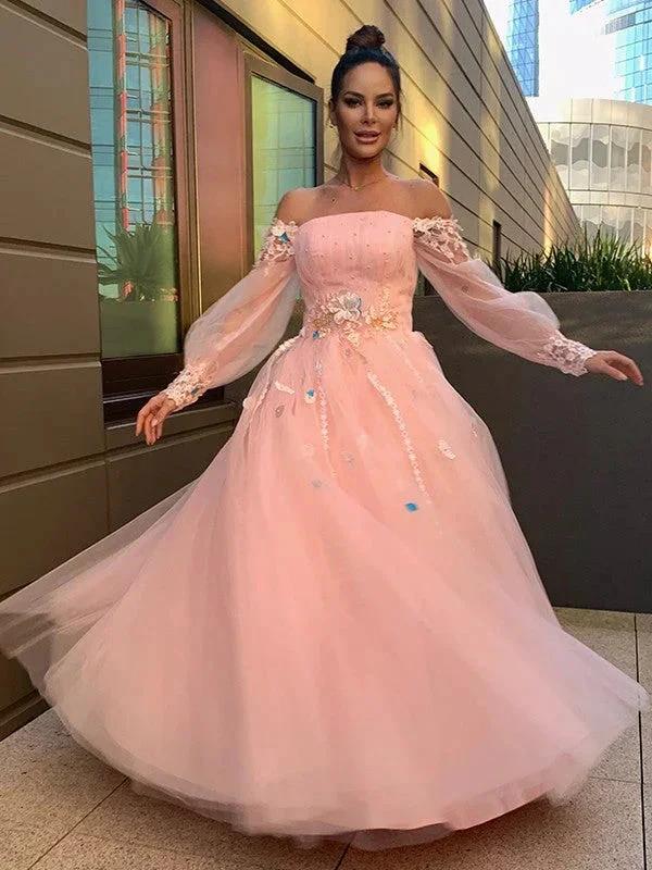 Ball Gown Hand-Made Flower Tulle Long Sleeves Off-the-Shoulder Floor-Length Prom Dresses by misshow.com