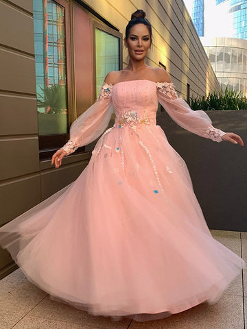 Ballkleid Handgemachte Blume Tüll Lange Ärmel Off-the-Shoulder Bodenlang Ballkleider