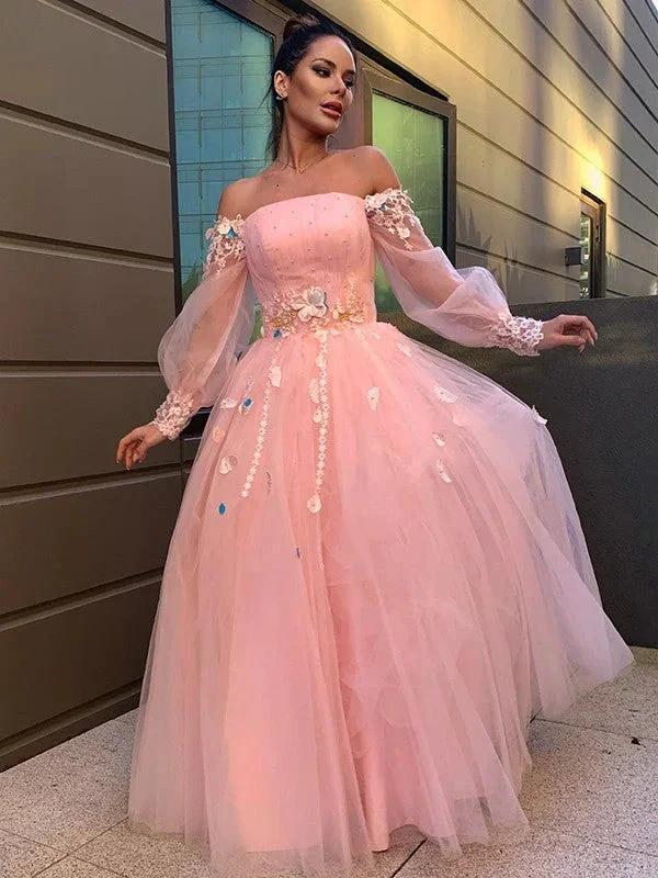 Ball Gown Hand-Made Flower Tulle Long Sleeves Off-the-Shoulder Floor-Length Prom Dresses by misshow.com