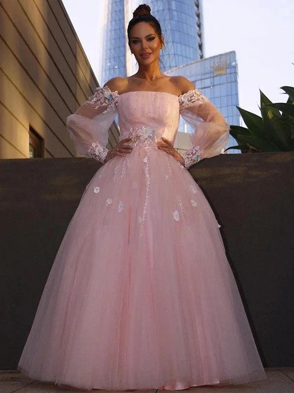 Ball Gown Hand-Made Flower Tulle Long Sleeves Off-the-Shoulder Floor-Length Prom Dresses by misshow.com