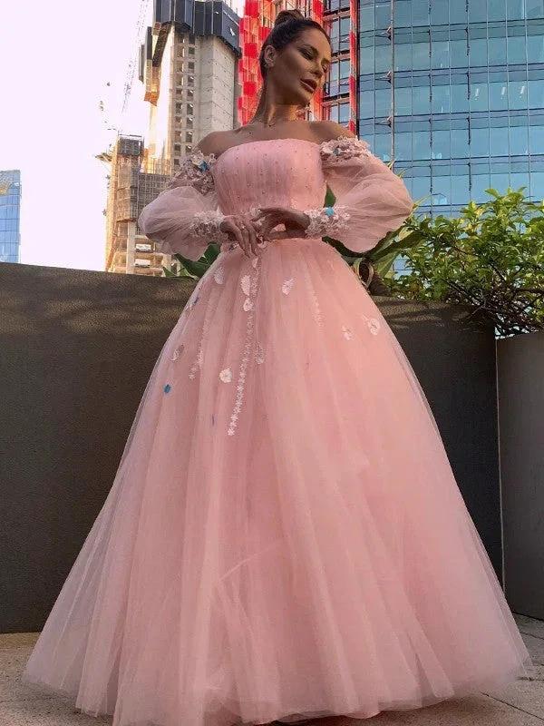 Ball Gown Hand-Made Flower Tulle Long Sleeves Off-the-Shoulder Floor-Length Prom Dresses by misshow.com