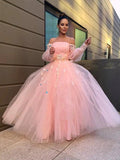 Ball Gown Hand-Made Flower Tulle Long Sleeves Off-the-Shoulder Floor-Length Prom Dresses by misshow.com