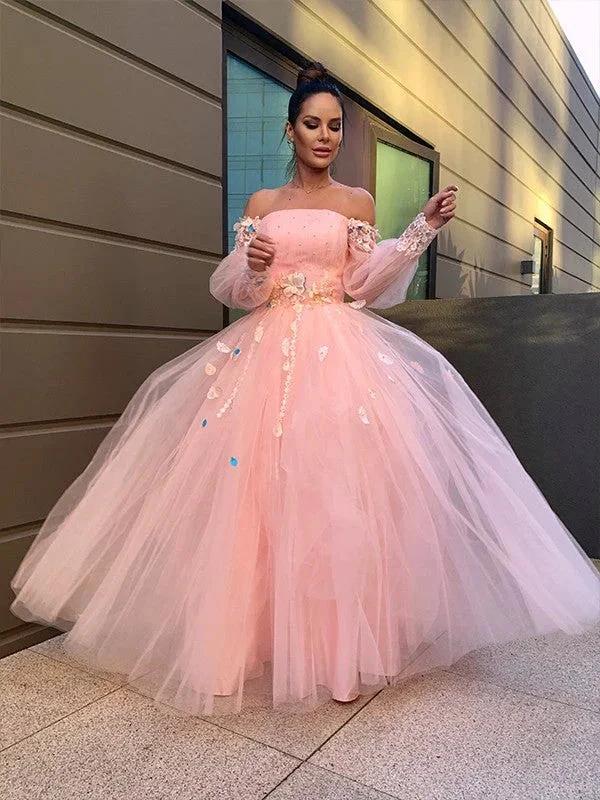 Ball Gown Hand-Made Flower Tulle Long Sleeves Off-the-Shoulder Floor-Length Prom Dresses by misshow.com