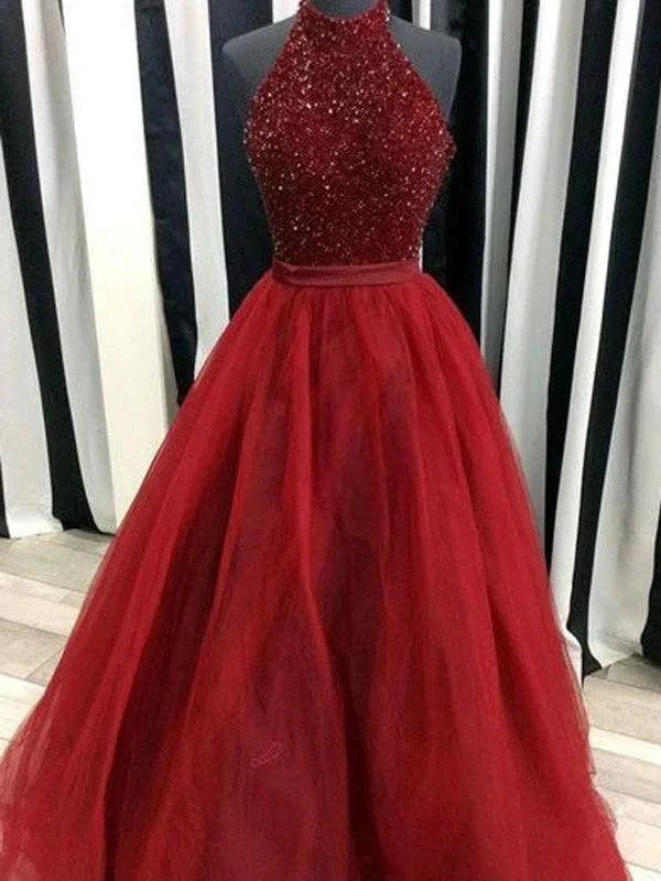 Ball Gown High Neck Sleeveless Floor-Length Beading Organza Prom Dresses by misshow.com
