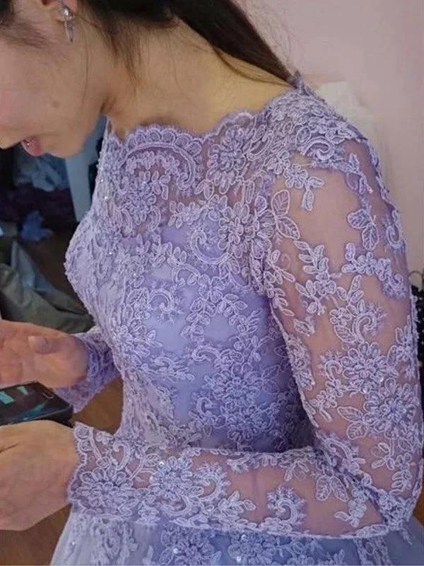 Ball Gown Jewel Long Sleeves Floor-Length Lace Tulle Prom Dresses by misshow.com
