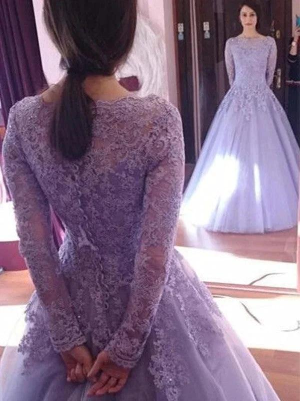 Ball Gown Jewel Long Sleeves Floor-Length Lace Tulle Prom Dresses by misshow.com