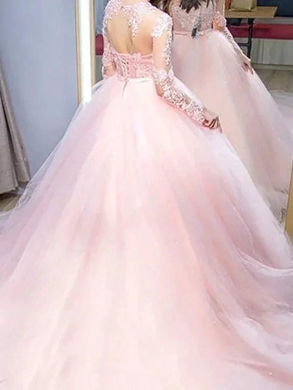 Ball Gown Jewel Long Sleeves Lace Tulle Prom Dresses by misshow.com