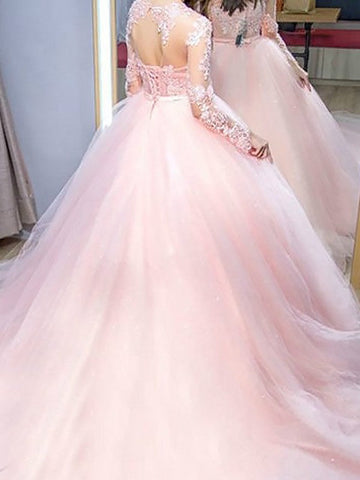 Vestidos de fiesta de tul con encaje y mangas largas con joya