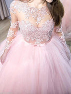 Ball Gown Jewel Long Sleeves Lace Tulle Prom Dresses by misshow.com