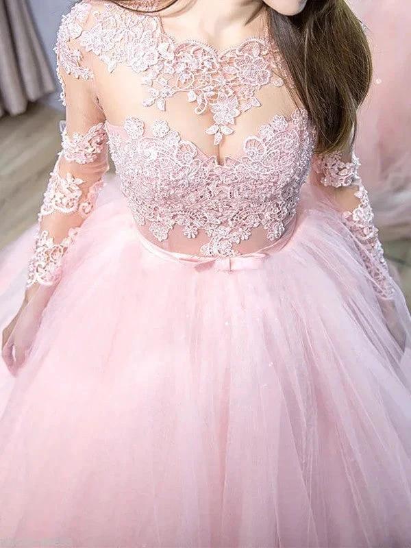 Ball Gown Jewel Long Sleeves Lace Tulle Prom Dresses by misshow.com