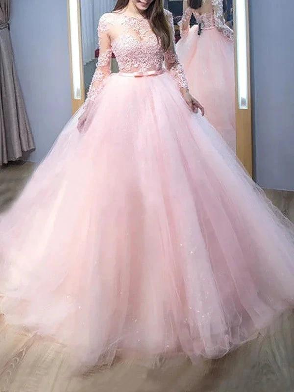 Ball Gown Jewel Long Sleeves Lace Tulle Prom Dresses by misshow.com
