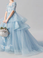 Ball Gown Jewel Neck Sweep Brush Train Pageant Flower Girl Dresses with Sleeves - photo 3