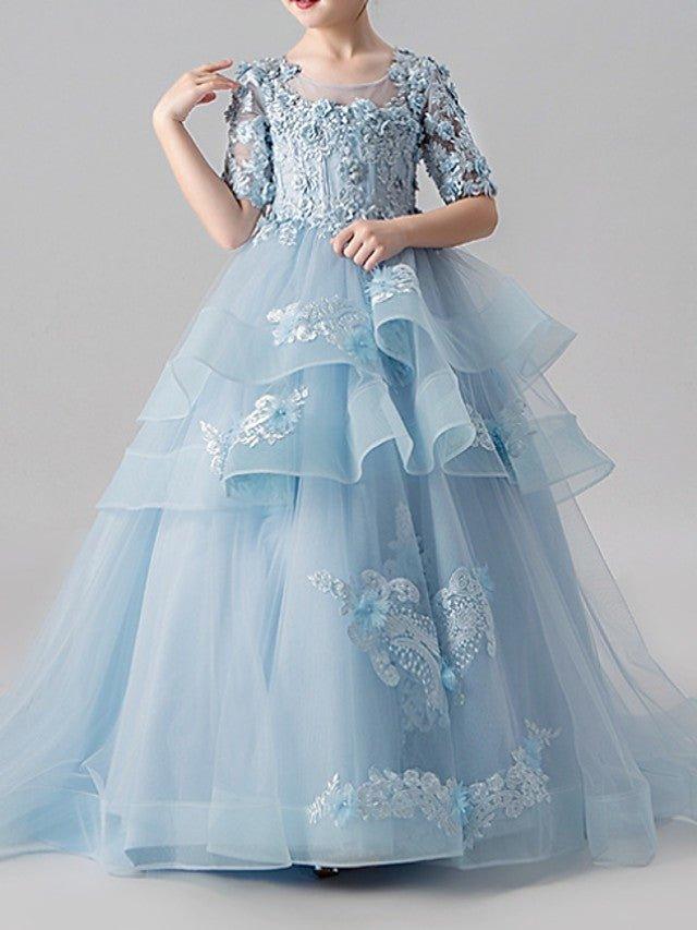 Ball Gown Jewel Neck Sweep Brush Train Pageant Flower Girl Dresses with Sleeves - photo 1