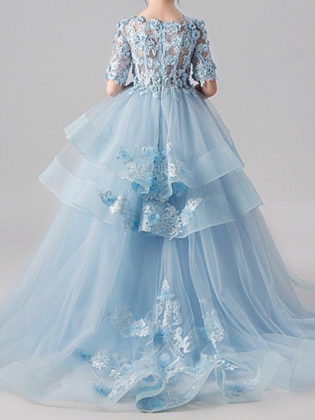 Ball Gown Jewel Neck Sweep Brush Train Pageant Flower Girl Dresses with Sleeves - photo 4