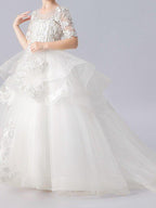 Ball Gown Jewel Neck Sweep Brush Train Pageant Flower Girl Dresses with Sleeves - photo 6