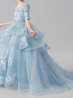 Ball Gown Jewel Neck Sweep Brush Train Pageant Flower Girl Dresses with Sleeves - photo 2