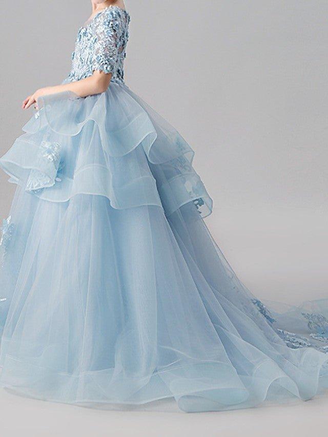 Ball Gown Jewel Neck Sweep Brush Train Pageant Flower Girl Dresses with Sleeves - photo 5