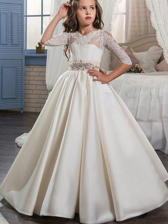 Ball Gown Lace Satin Sweep Brush Train Wedding Birthday Pageant Flower Girl D… - photo 1