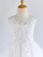 Ball Gown Lace Tulle Sleeveless Jewel Neck Asymmetrical Wedding First Communi… - photo 3
