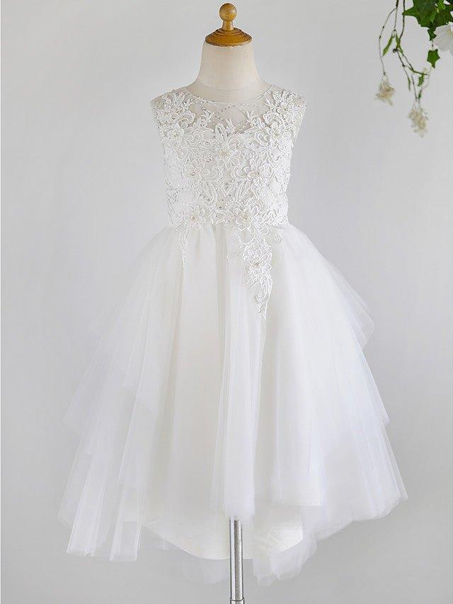 Ball Gown Lace Tulle Sleeveless Jewel Neck Asymmetrical Wedding First Communi… - photo 1