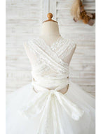 Ball Gown Lace Tulle Sleeveless Jewel Neck Wedding Birthday Flower Girl Dresses - photo 4