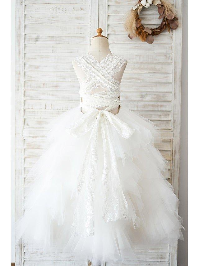 Ball Gown Lace Tulle Sleeveless Jewel Neck Wedding Birthday Flower Girl Dresses - photo 2