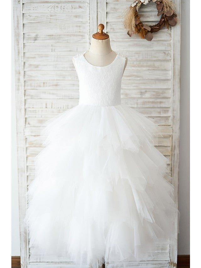 Ball Gown Lace Tulle Sleeveless Jewel Neck Wedding Birthday Flower Girl Dresses - photo 1
