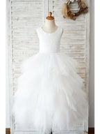 Ball Gown Lace Tulle Sleeveless Jewel Neck Wedding Birthday Flower Girl Dresses - photo 1