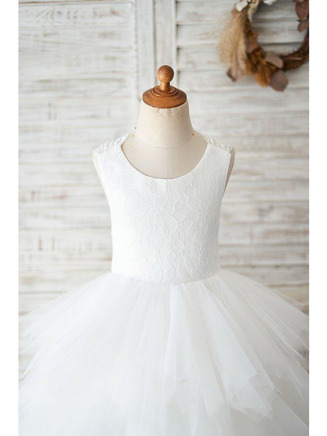 Ball Gown Lace Tulle Sleeveless Jewel Neck Wedding Birthday Flower Girl Dresses - photo 3
